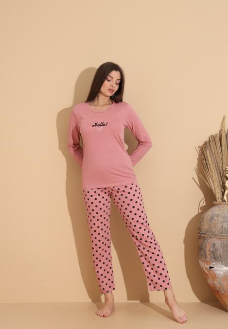 Pijama Dama „HELLO" ,Pantaloni si Maneca Lunga,Culoare Roz Pudrat, Engros